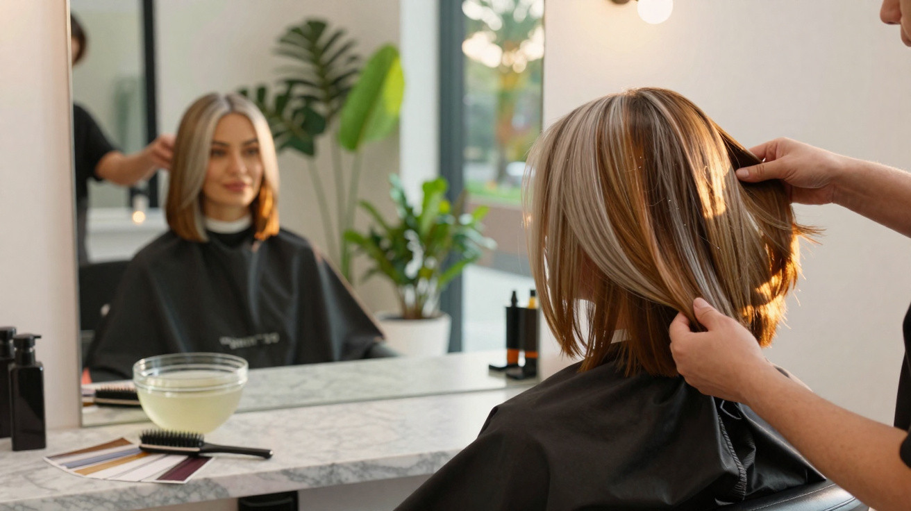 Mulher loira com corte bob recebe finalização de cabelo em salão, vista pelo espelho.