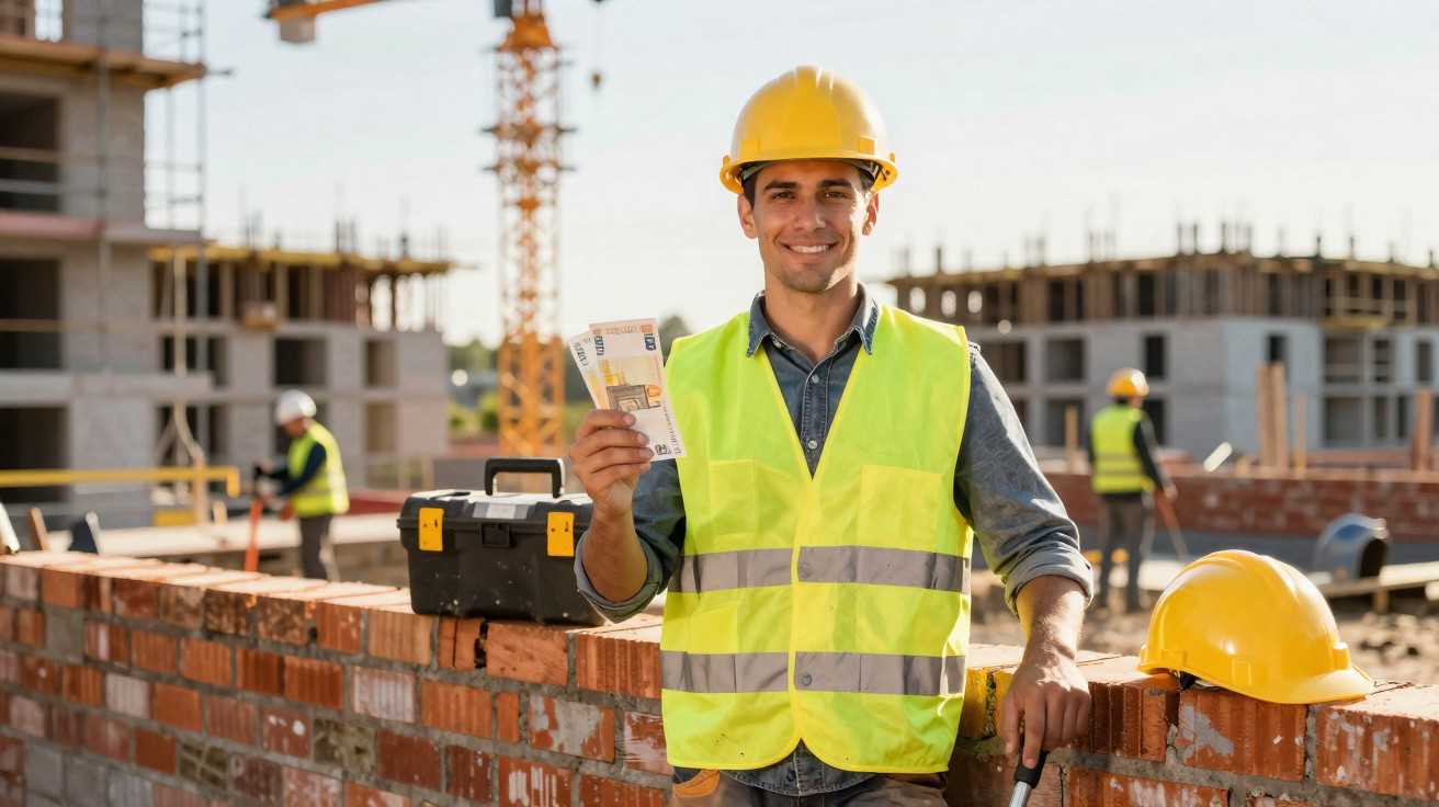 Trabalhador da construção civil em colete refletivo e capacete segurando notas em canteiro de obras.
