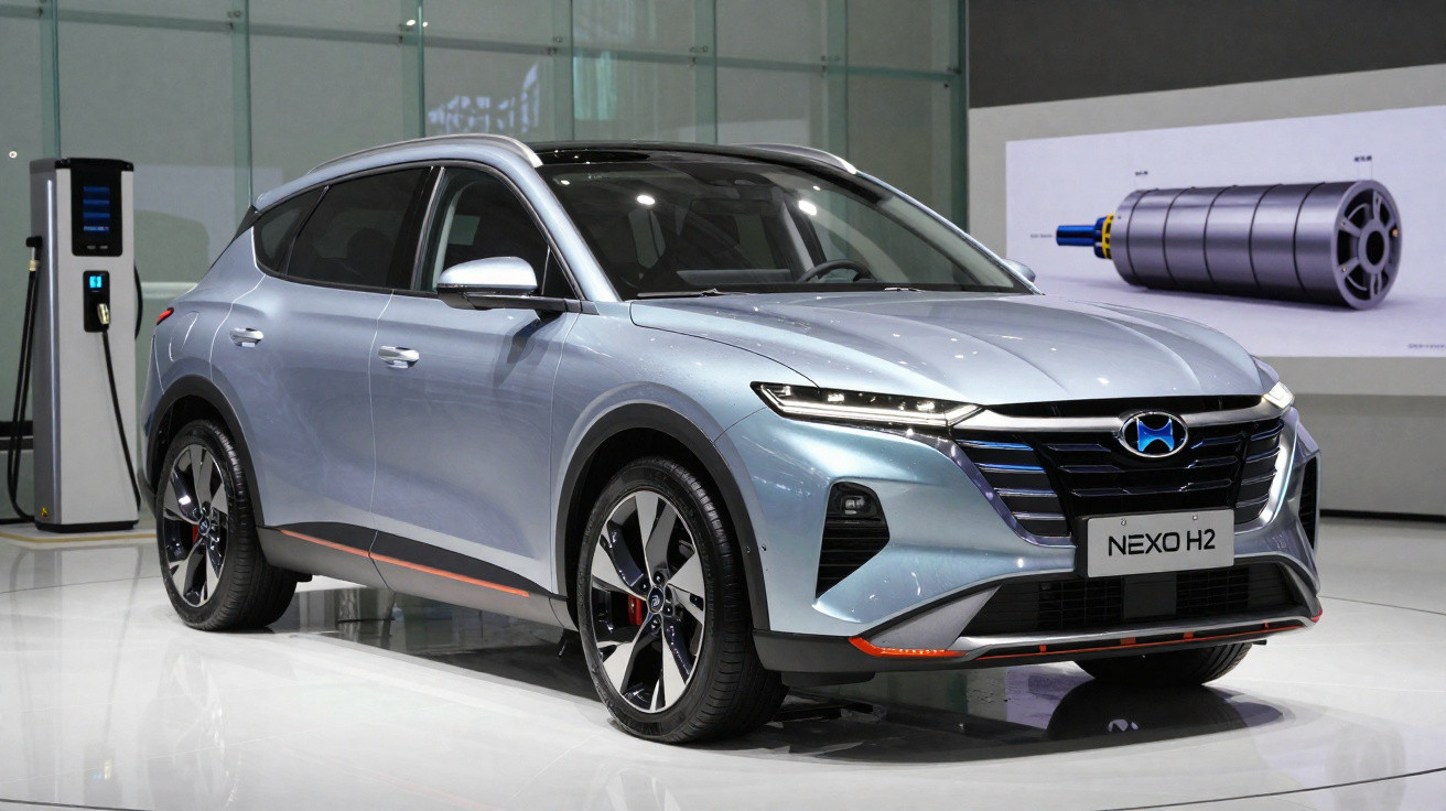 Carro elétrico Hyundai Nexo H2 prata estacionado próximo a estação de recarga em ambiente interno.