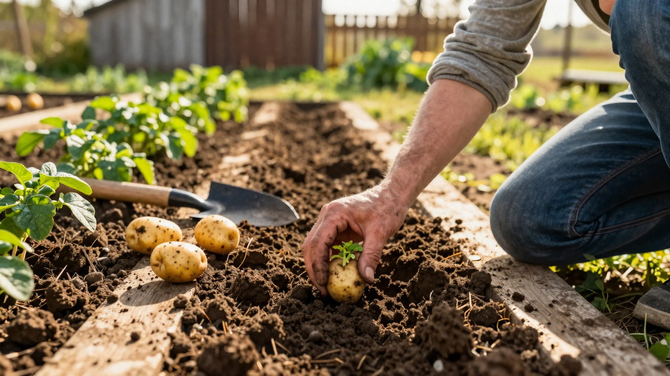 Pessoa plantando batata em canteiro de terra em horta ensolarada com pá ao lado.