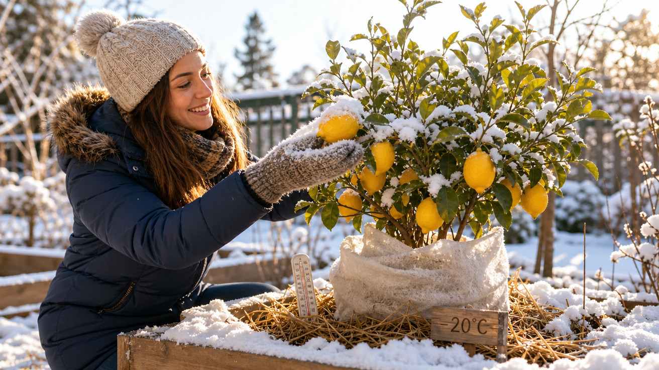 Mulher com roupa de inverno colhendo limões de árvore coberta de neve em jardim congelado.