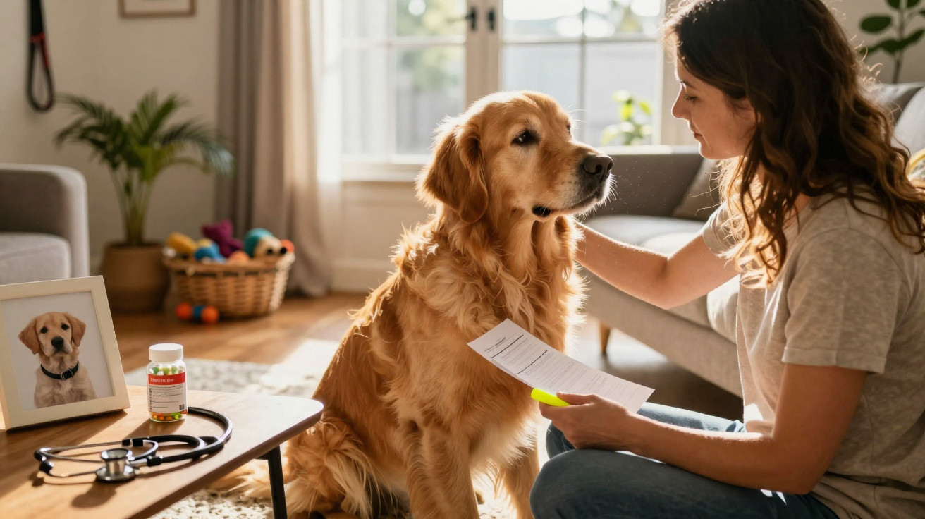 Mulher segurando receita médica enquanto acaricia cachorro golden retriever em sala iluminada.