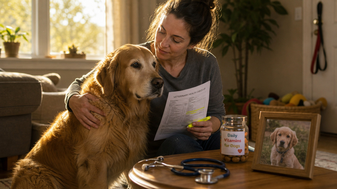 Mulher acariciando cachorro golden retriever enquanto lê documento de saúde veterinária em sala.