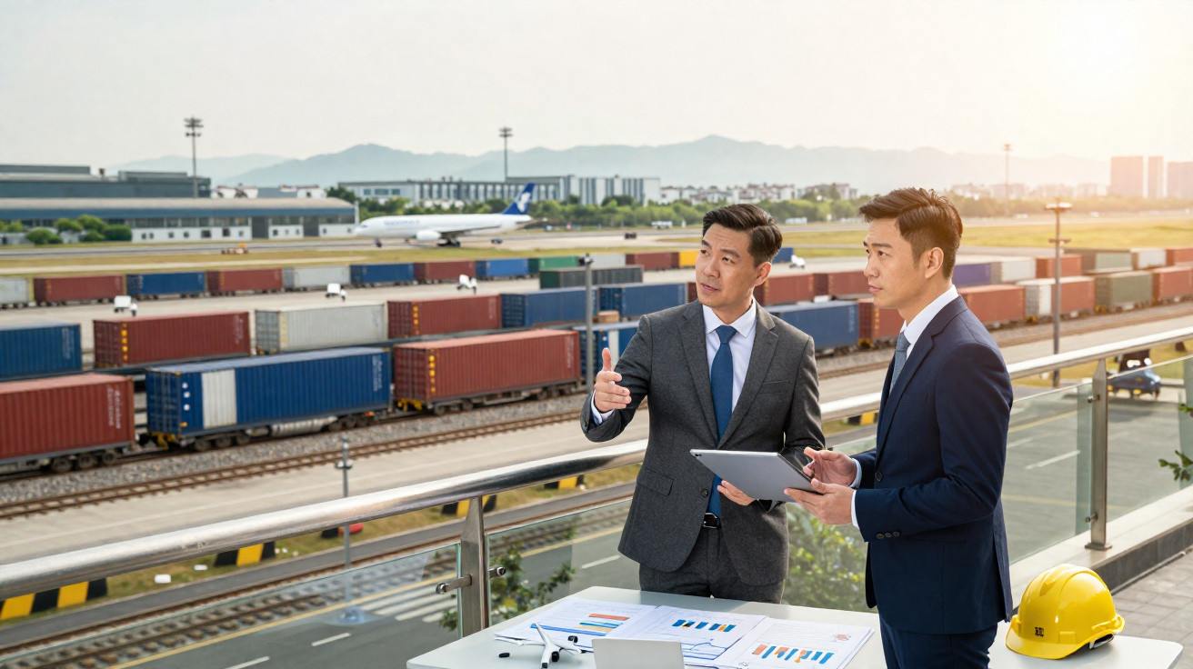 Dois homens de negócios em trajes formais analisam gráficos ao ar livre próximo a vagões de carga ferroviária.