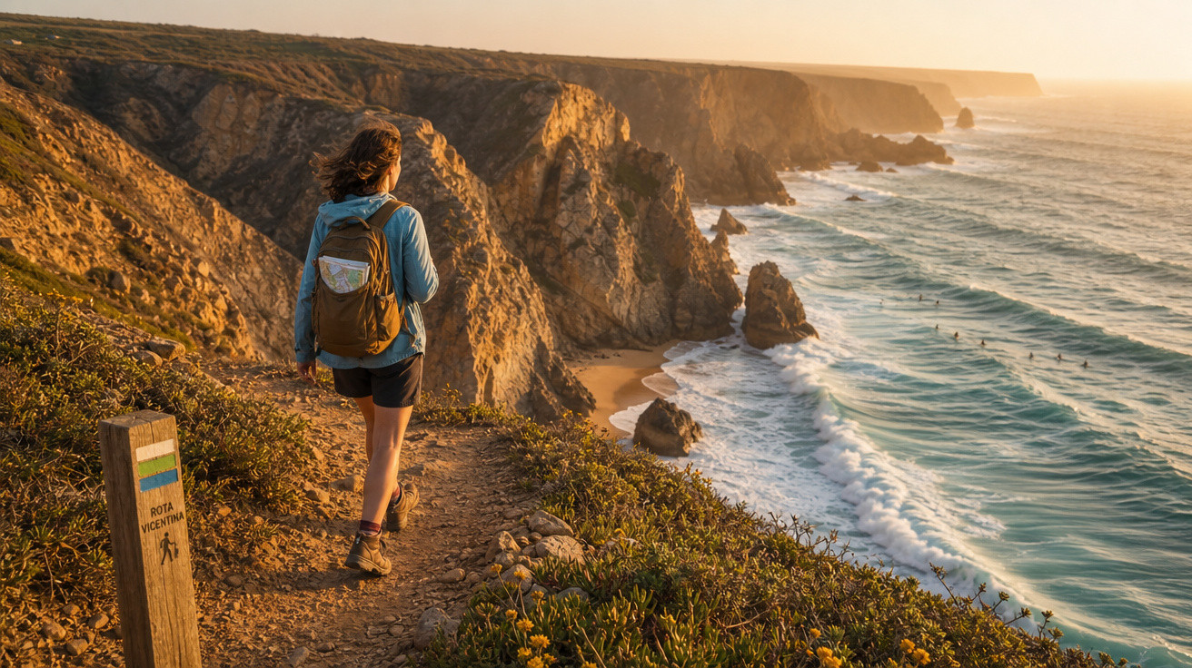 Pessoa caminhando por trilha à beira de penhascos com vista para o mar ao pôr do sol na Rota Vicentina.