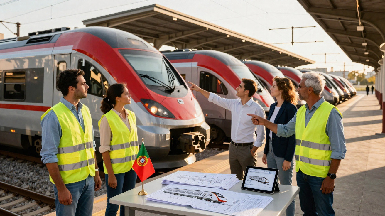Grupo de engenheiros com coletes refletivos analisando trens modernos em plataforma de estação.