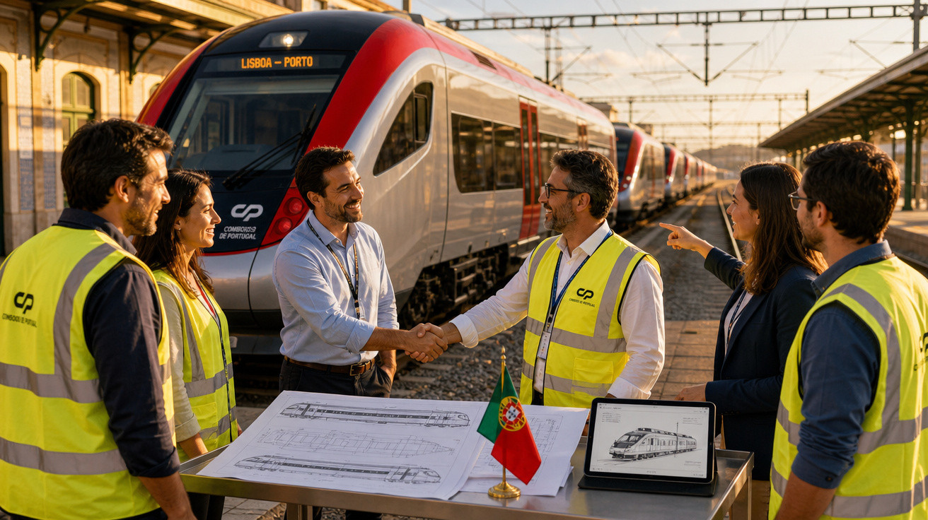 Equipe de engenheiros e profissionais em estação ferroviária com trem Lisboa-Porto ao fundo, analisando projetos.