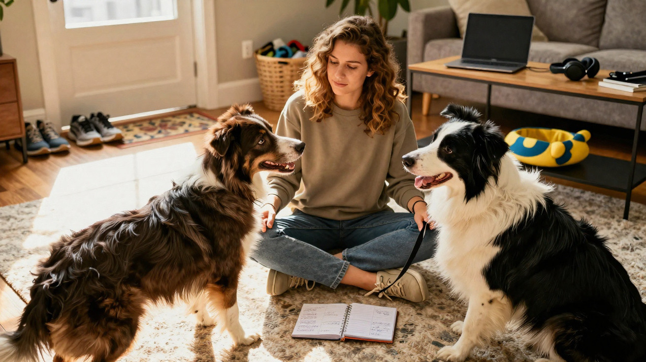 Mulher sentada no chão em casa com dois cachorros ao redor e um caderno aberto entre eles.