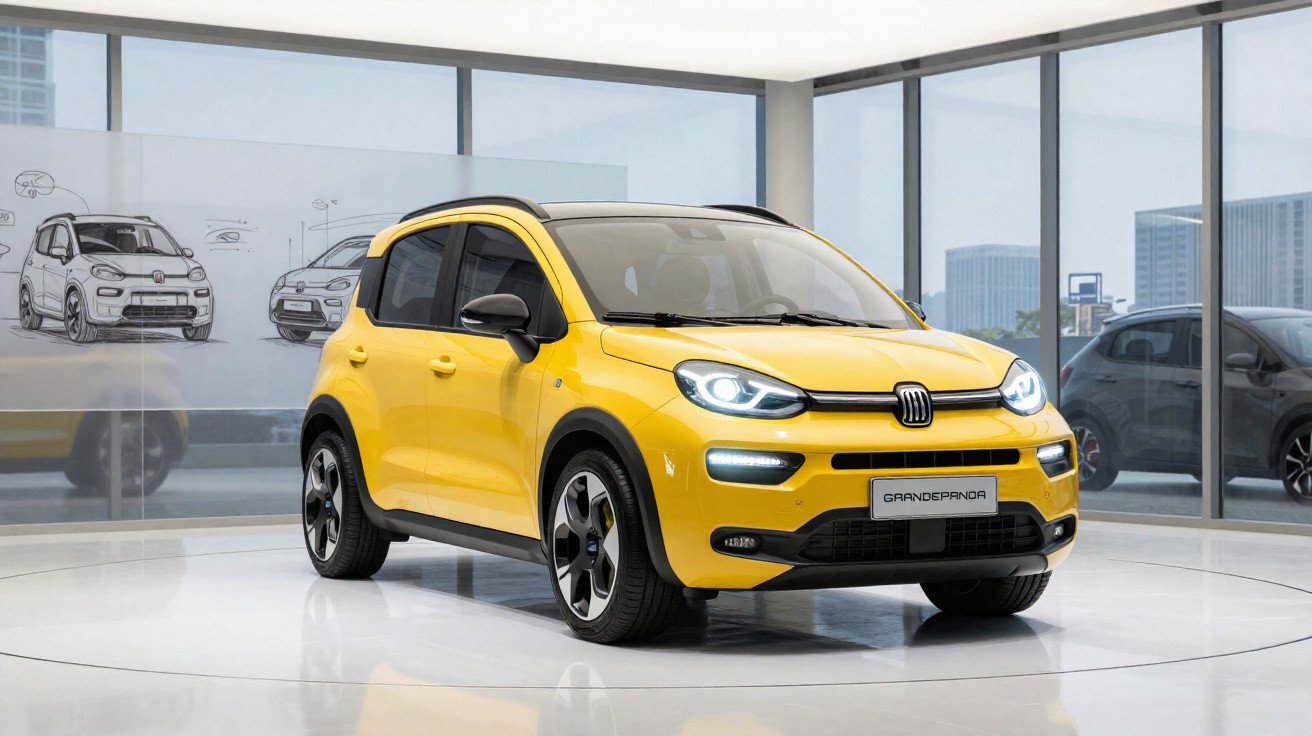 Carro compacto amarelo Fiat Grande Panda exibido em showroom moderno com iluminação natural.