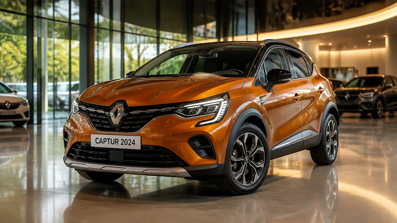 SUV Renault Captur 2024 laranja com teto preto em showroom moderno e iluminado.