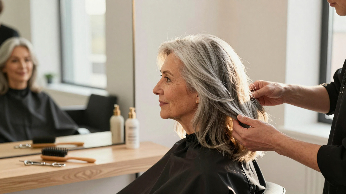 Mulher com cabelo grisalho em salão de beleza recebendo cuidado de cabeleireiro em frente ao espelho.