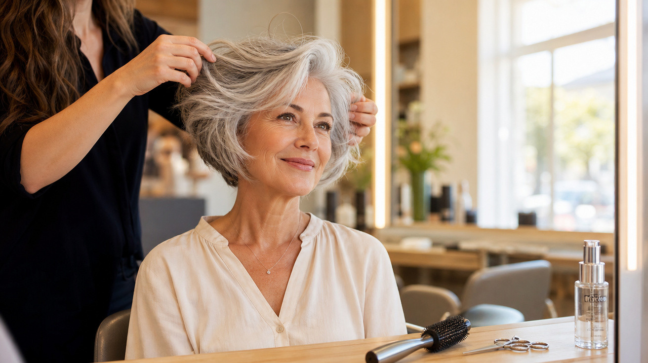 Mulher madura com cabelo grisalho sendo penteada em salão de beleza, olhando satisfeita no espelho.