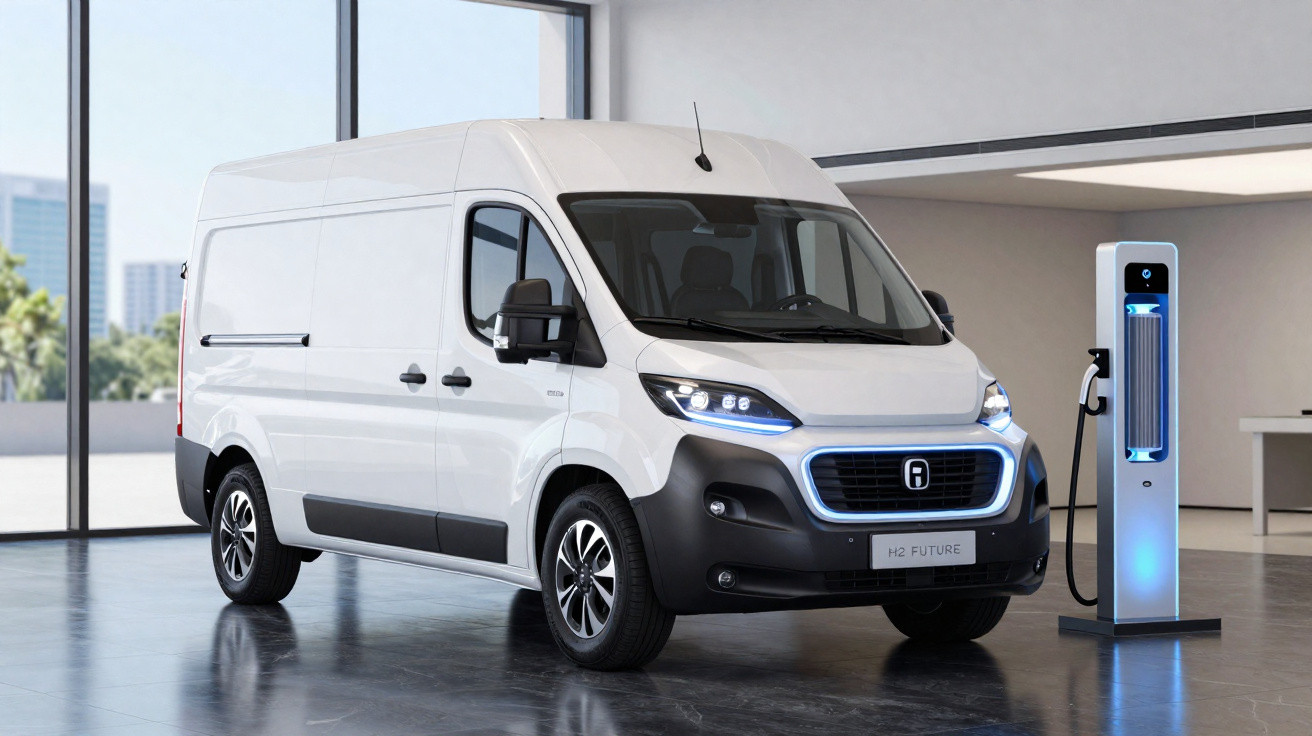 Van branca elétrica estacionada em ambiente interno próxima a uma estação de carregamento com luz azul.
