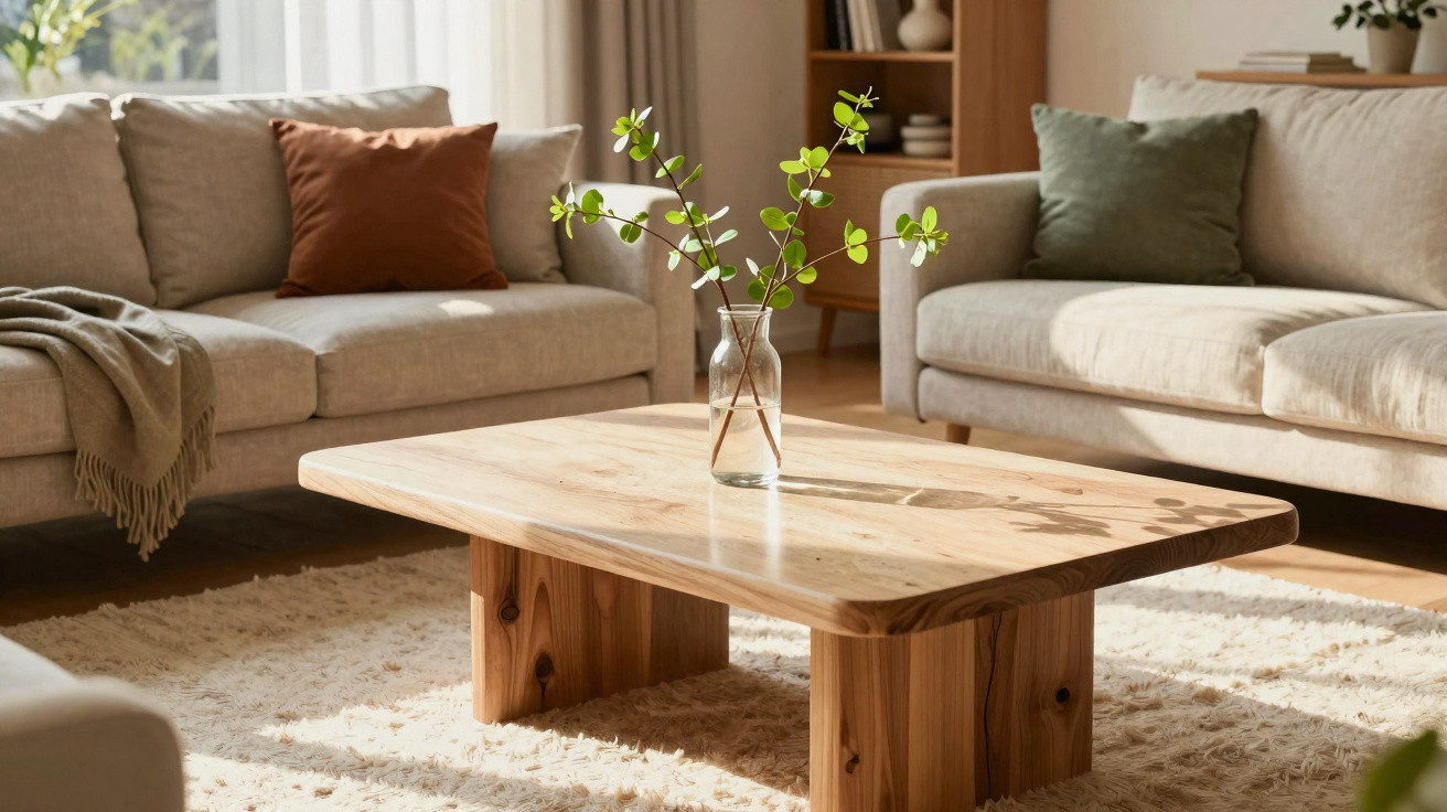 Sala de estar iluminada com sofá, almofadas, mesa de madeira clara e vaso com galhos verdes.