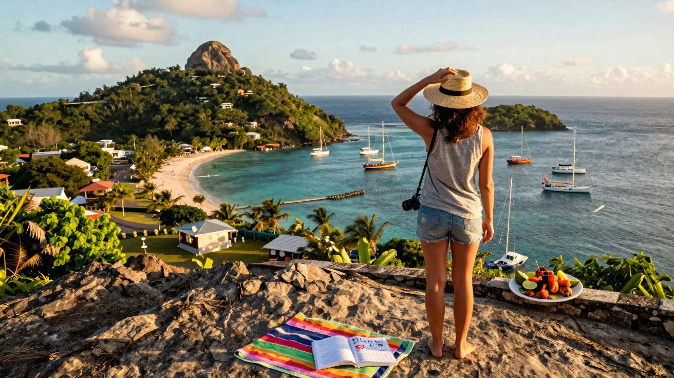 Mulher com chapéu observa vista da praia com barcos, vegetação e morro ao entardecer.