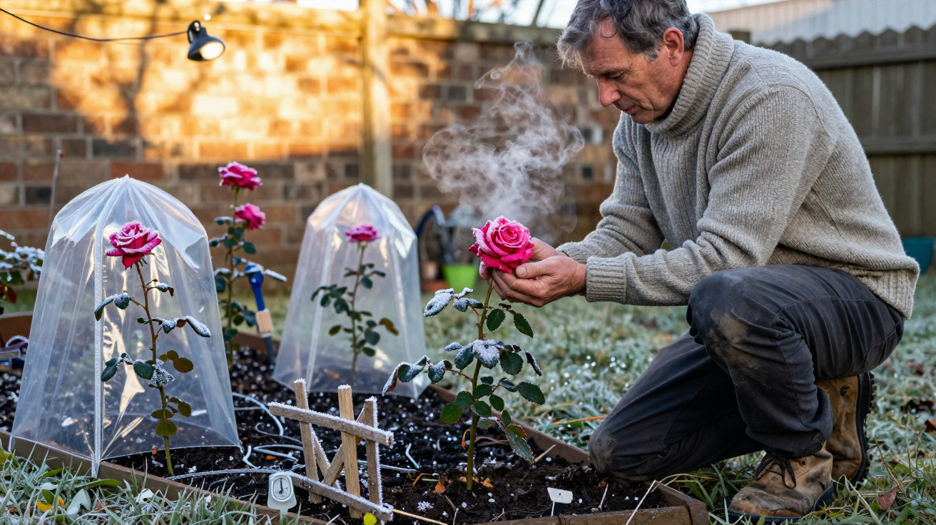 Homem aquece rosa com as mãos enquanto flores estão protegidas no jardim em dia frio.