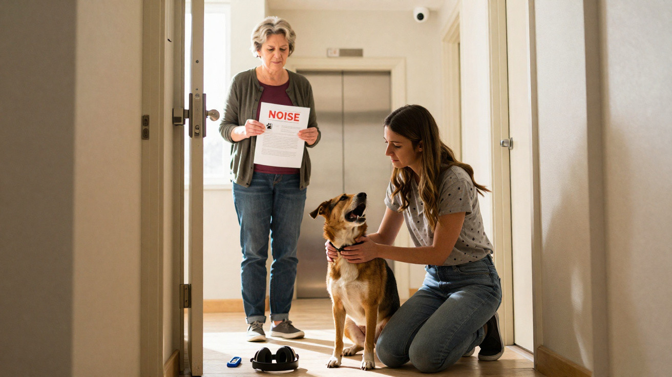 Mulher com documento reclama de barulho enquanto outra acaricia cachorro em corredor de apartamento.