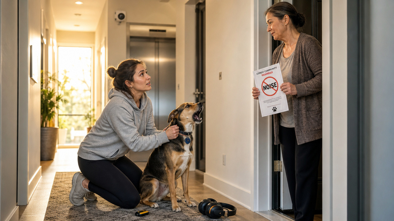 Mulher tenta acalmar cachorro latindo enquanto vizinha reclama com cartaz de barulho no corredor.