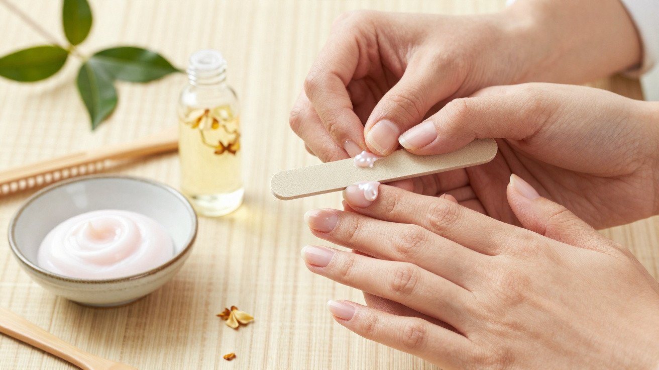 Pessoa lixando as unhas com creme hidratante, óleo e acessórios para manicure sobre superfície clara.