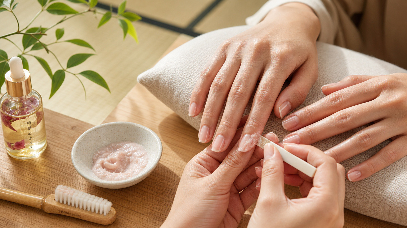 Pessoa recebendo cuidados nas unhas das mãos em ambiente natural e produtos de manicure ao lado.