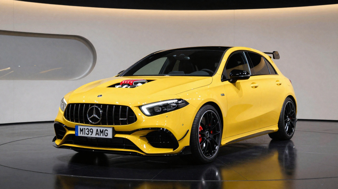 Carro esportivo Mercedes-AMG amarelo com detalhes pretos e motor visível no capô em ambiente moderno.