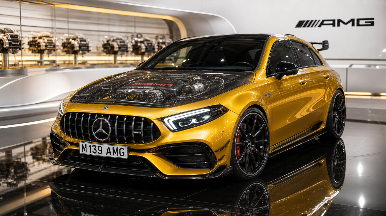 Carro Mercedes-AMG amarelo com capô transparente exibindo motor, em estande moderno e reflexivo.