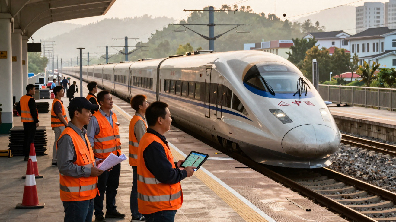 Equipe de trabalhadores com coletes laranja observando trem de alta velocidade na plataforma de estação ferroviária