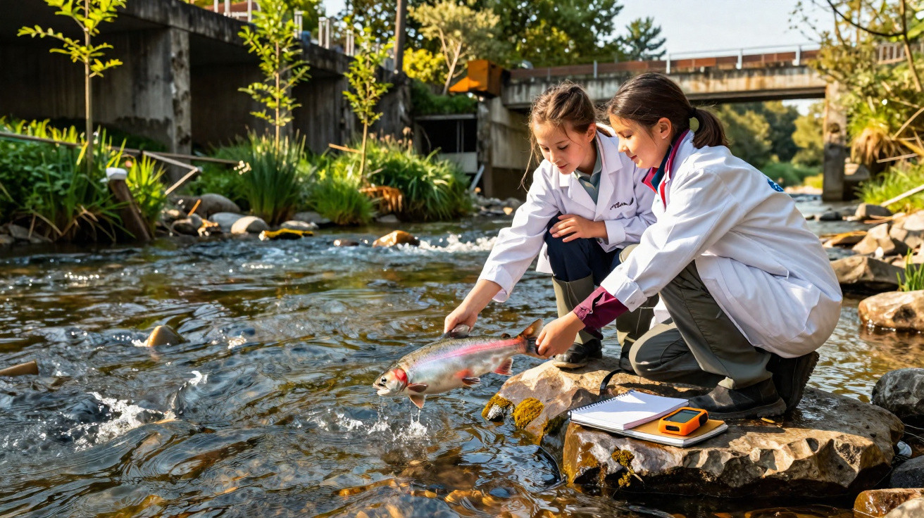 Duas meninas com jalecos brancos soltam peixe em rio próximo a caderno e equipamento sobre pedra.