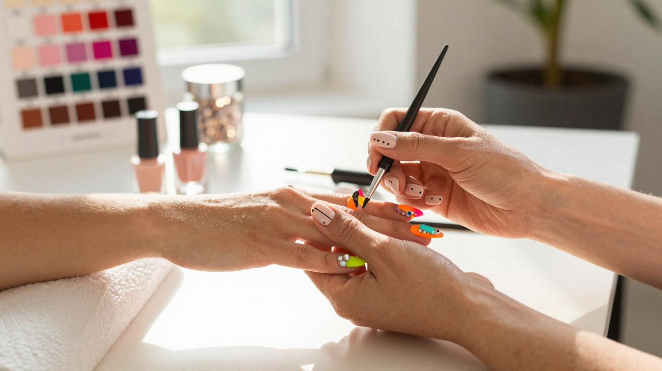 Pessoa pintando unhas com esmalte colorido e decoração detalhada em salão de beleza.
