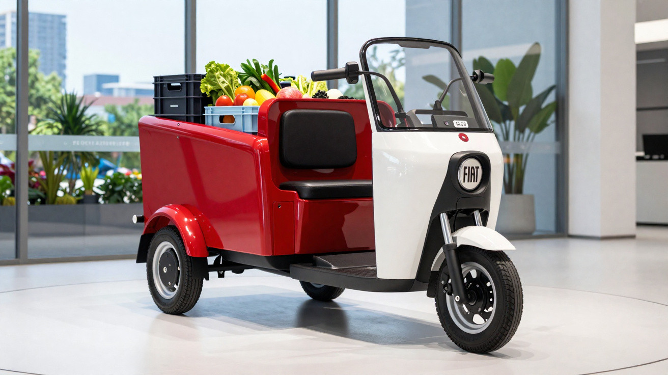 Veículo elétrico compacto FIAT vermelho e branco com caixa carregada de frutas e verduras.