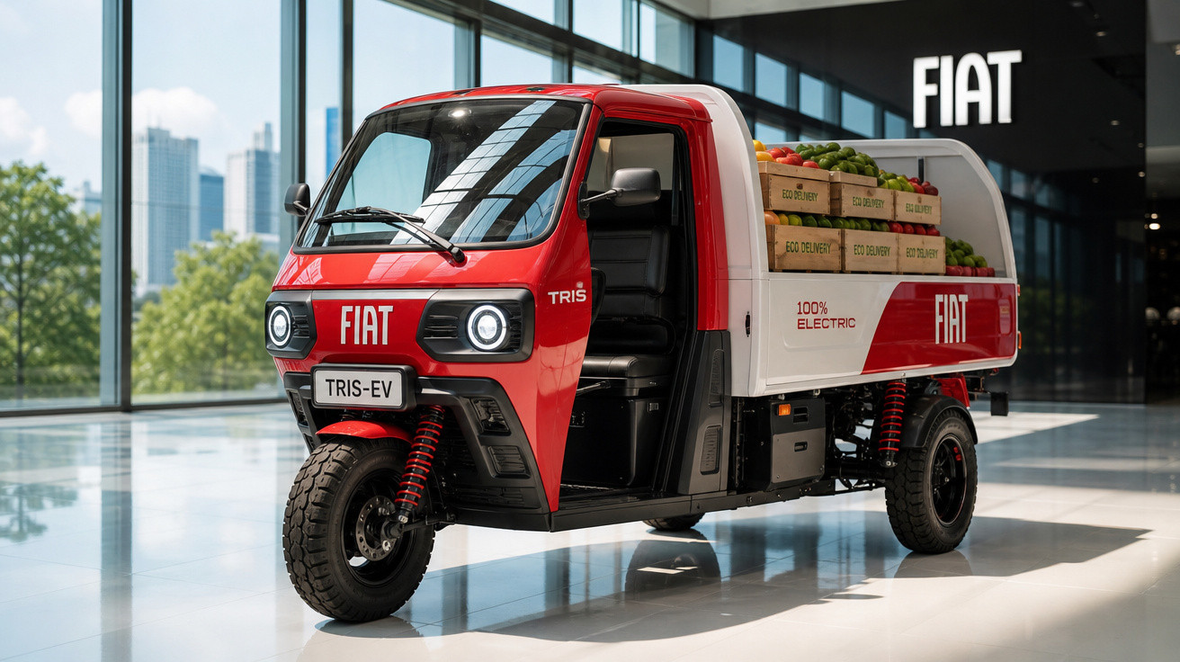 Veículo elétrico de três rodas Fiat TRIS-EV carregado com caixas de frutas em ambiente interno moderno.