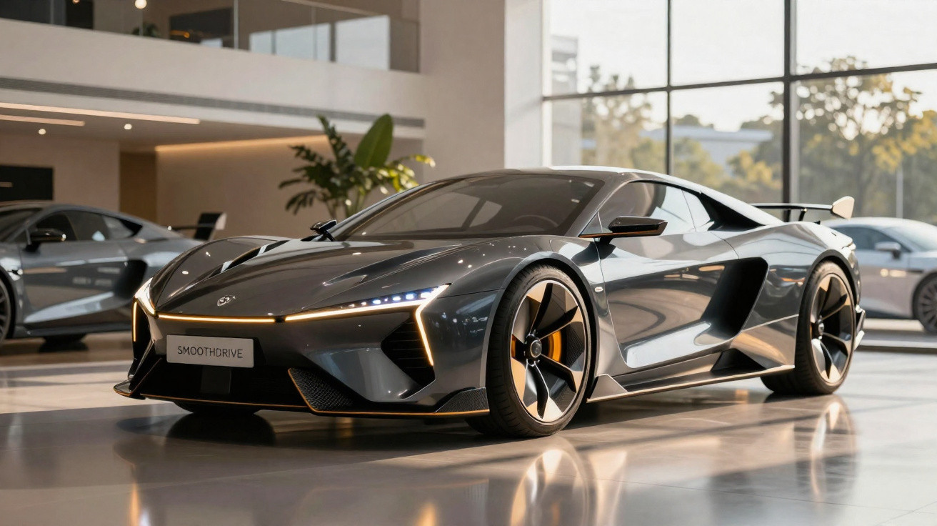 Carro esportivo cinza escuro com design futurista em showroom com piso brilhante e luz natural.