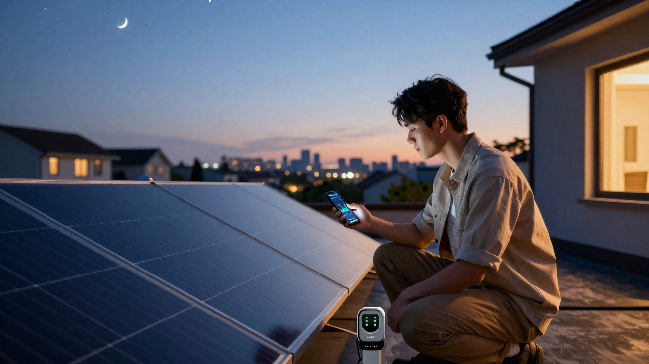 Jovem verifica dados em celular ao lado de painéis solares em telhado durante o pôr do sol.