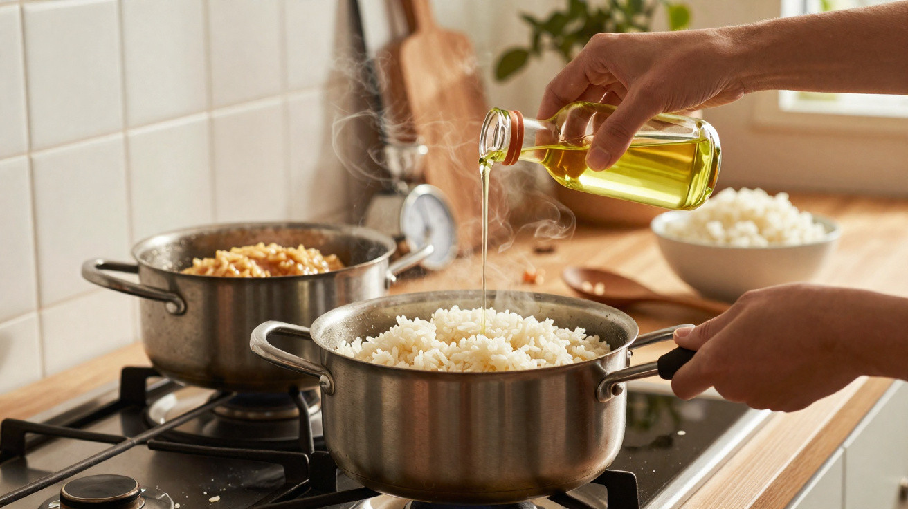 Pessoa despejando óleo em arroz branco cozido em panela no fogão, com outra panela ao fundo.