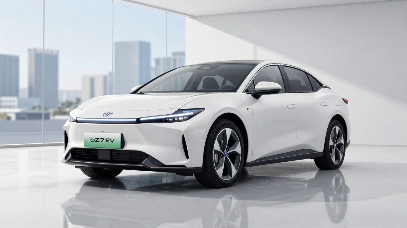 Carro elétrico branco Toyota bZ7 EV estacionado em ambiente interno moderno com grandes janelas.