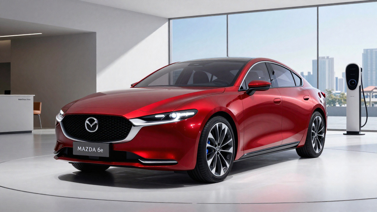 Carro sedan vermelho Mazda 6e estacionado em ambiente interno com estação de carregamento elétrico ao fundo.