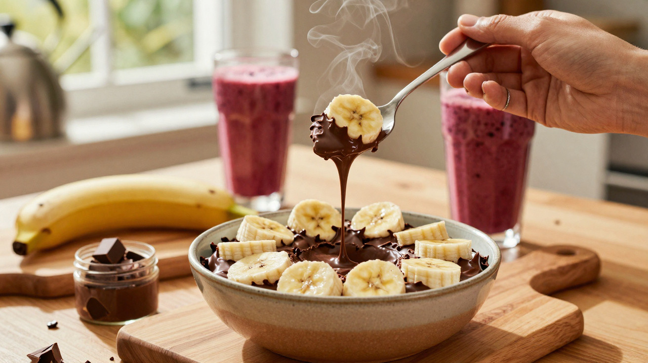 Tigela com chocolate quente, banana fatiada e smoothie vermelho ao fundo em mesa de madeira.