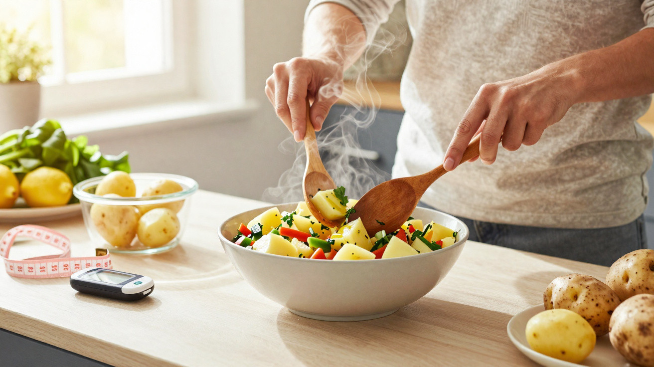 Pessoa mexendo salada de legumes e batatas com colheres de pau em cozinha iluminada.