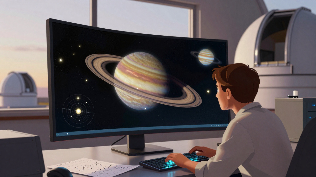 Jovem estudando planetas em tela de computador em laboratório com telescópios ao fundo.