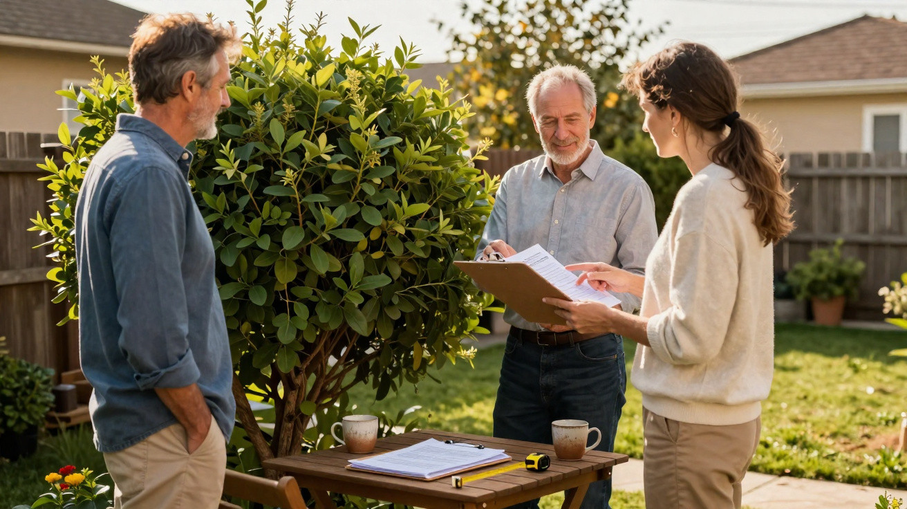 Três pessoas conversando em um jardim, revisando documentos em prancheta sobre uma mesa de madeira.