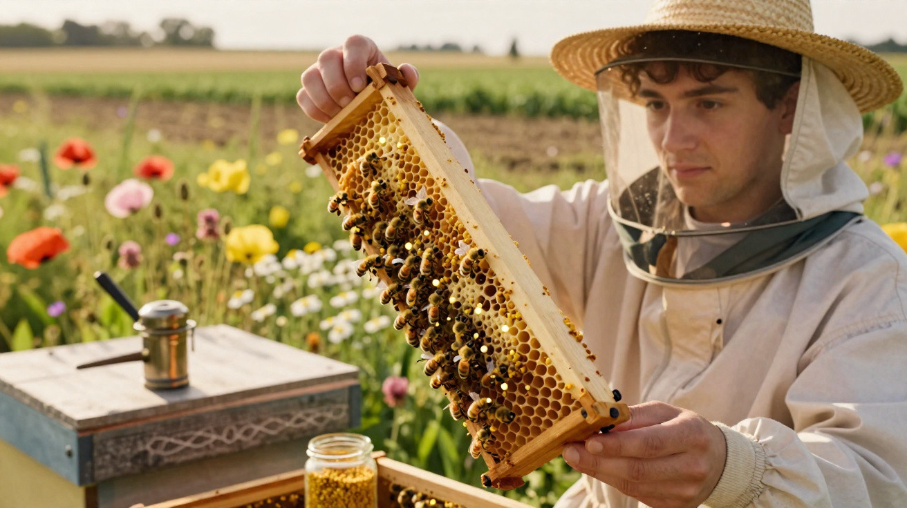 Apicultor segurando quadro de colmeia com abelhas em campo de flores coloridas.