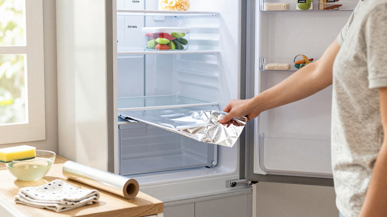 Pessoa colocando papel alumínio dentro de uma geladeira aberta com alguns alimentos na prateleira.