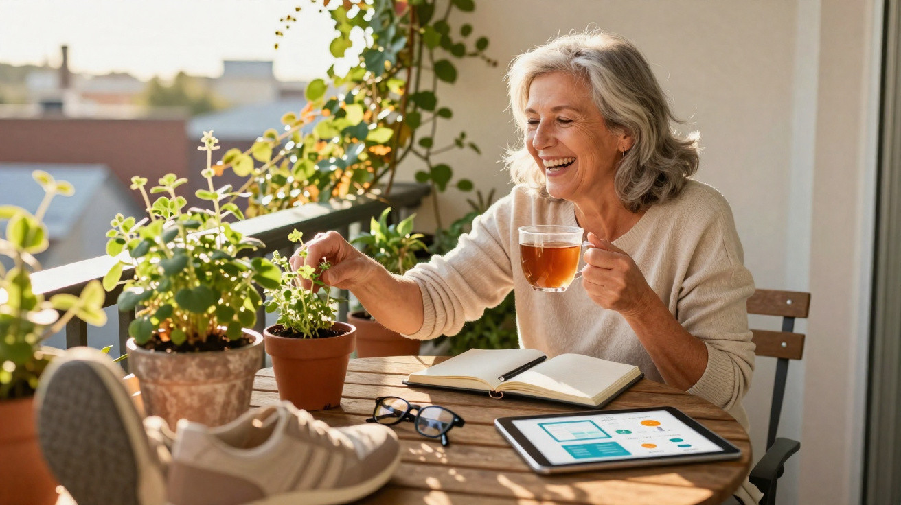 Mulher sorridente regando plantas, segurando xícara de chá, com caderno, óculos e tablet em mesa ao ar livre.
