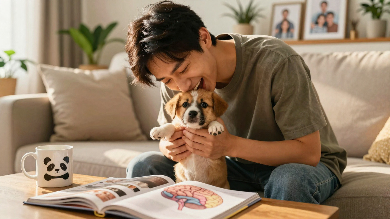 Homem jovem sentado no sofá abraçando filhote de cachorro enquanto lê livro ilustrado sobre cérebro.