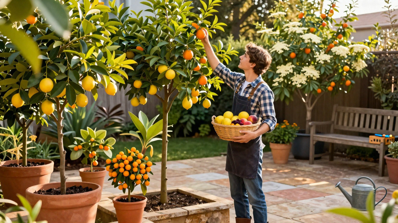 Jovem colhendo frutas cítricas em árvores em vaso no jardim ensolarado, segurando cesta com frutos variados.