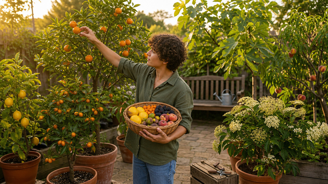 Pessoa colhendo frutas cítricas em árvore dentro de jardim com plantas em vasos ao entardecer.