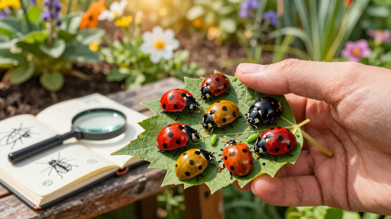 Mão segurando folha com várias joaninhas coloridas, ao fundo caderno, lupa e flores no jardim.