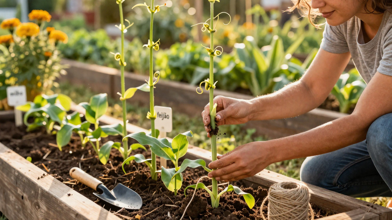 Pessoa cuidando de planta trepadeira em canteiro com etiqueta "feijão" em horta urbana.