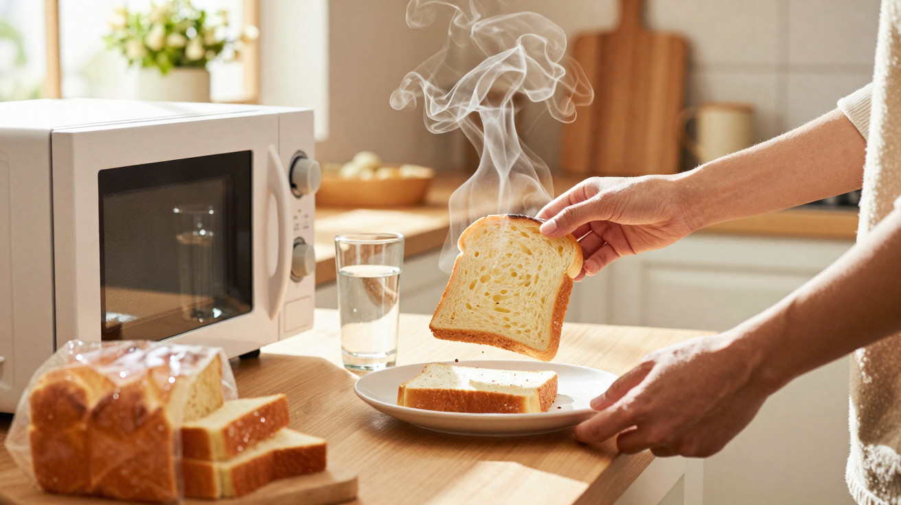 Pessoa segurando fatia de pão quente com vapor próximo a micro-ondas em cozinha iluminada.