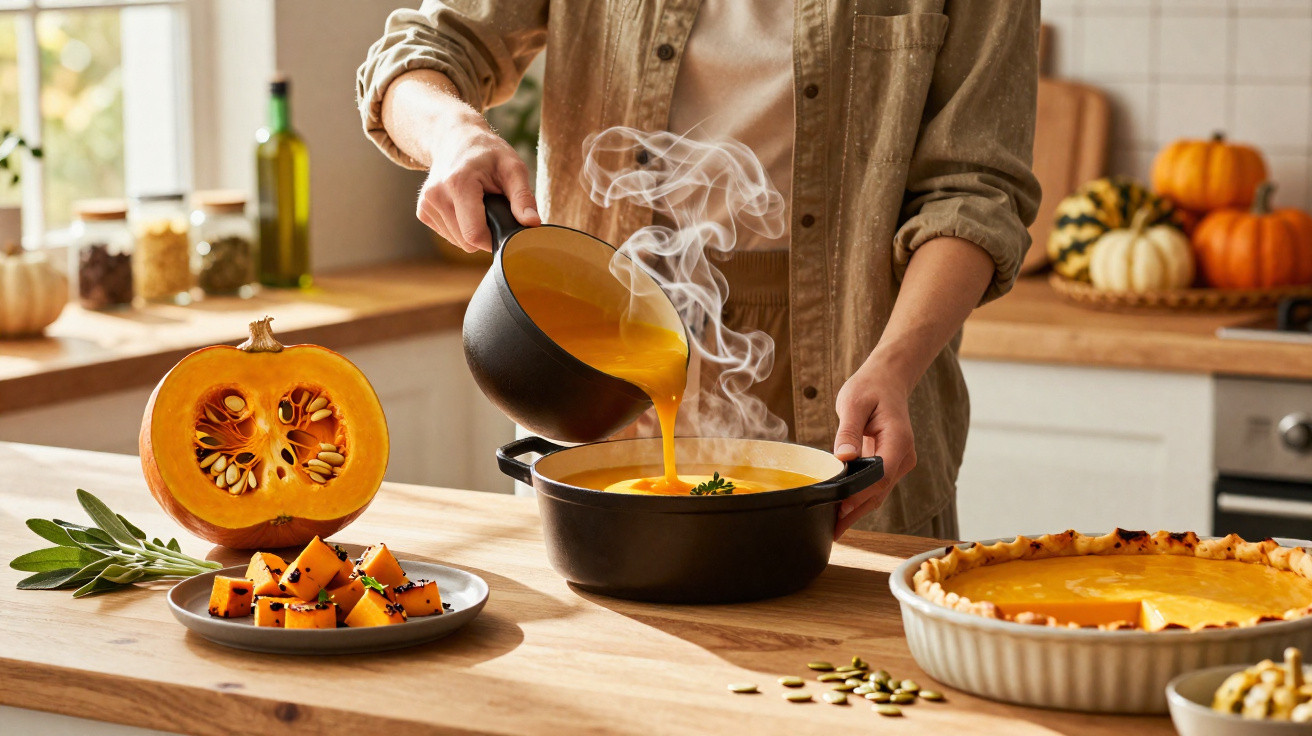 Pessoa servindo sopa quente de abóbora em cozinha com abóbora inteira e torta na mesa de madeira.
